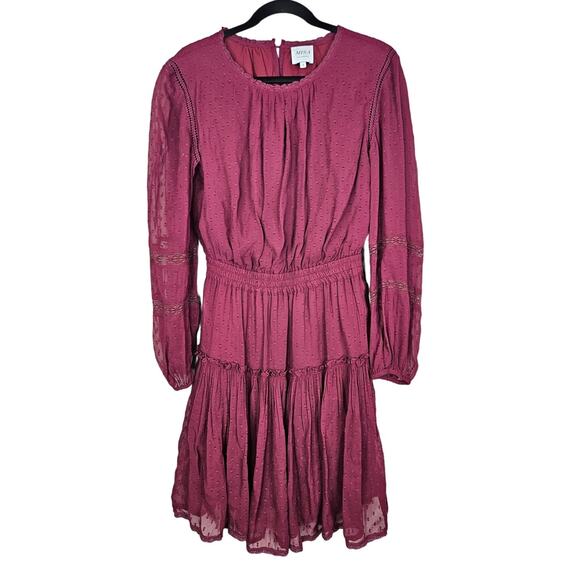 Misa Los Angeles S Alin Dress Burgundy Swiss Dot Boho Sheer Flutter Long Sleeve - Picture 2 of 5